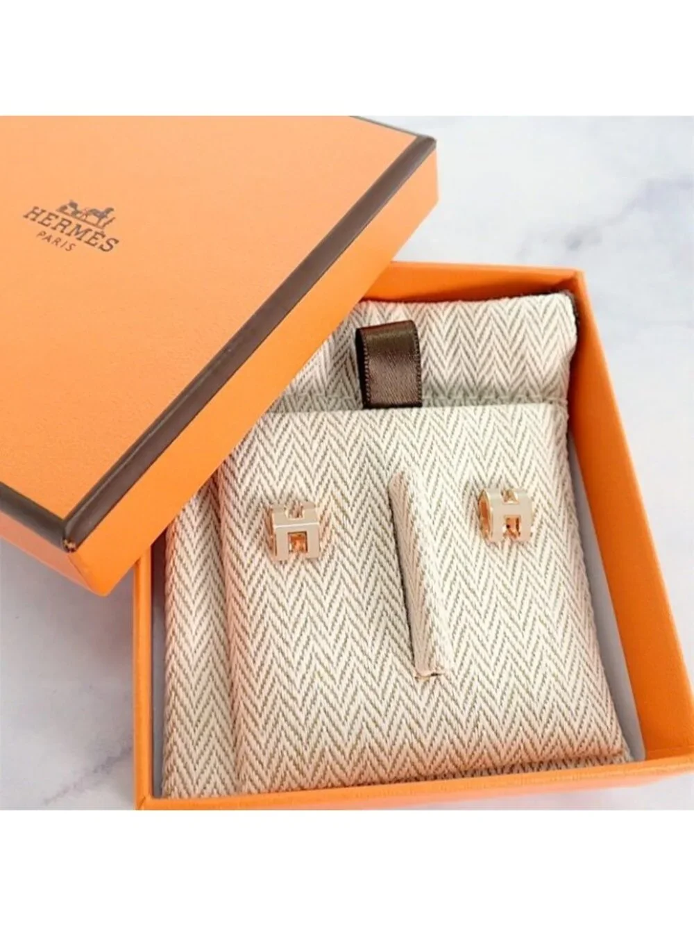 Hermes Mini Pop Earrings Included Metal Pink Gold Gray Ju